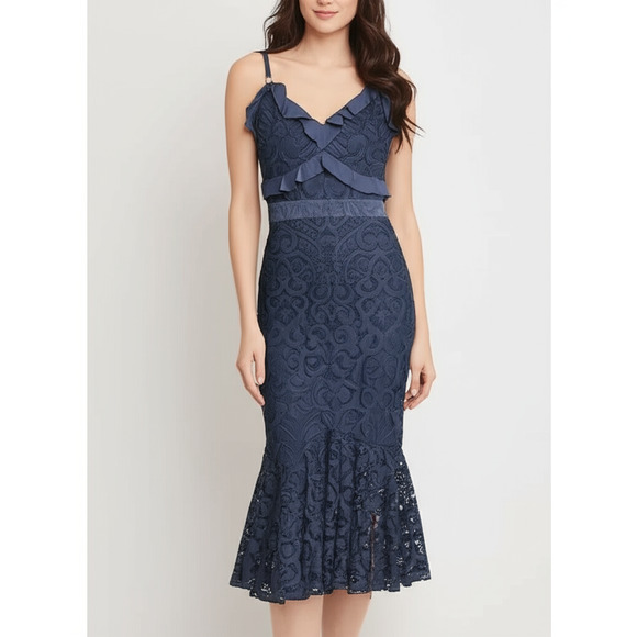 NWT Twosisters Womens Midi Dress US 2 Dark Navy Lace Mermaid Ruffled V-Neck - Picture 1 of 9